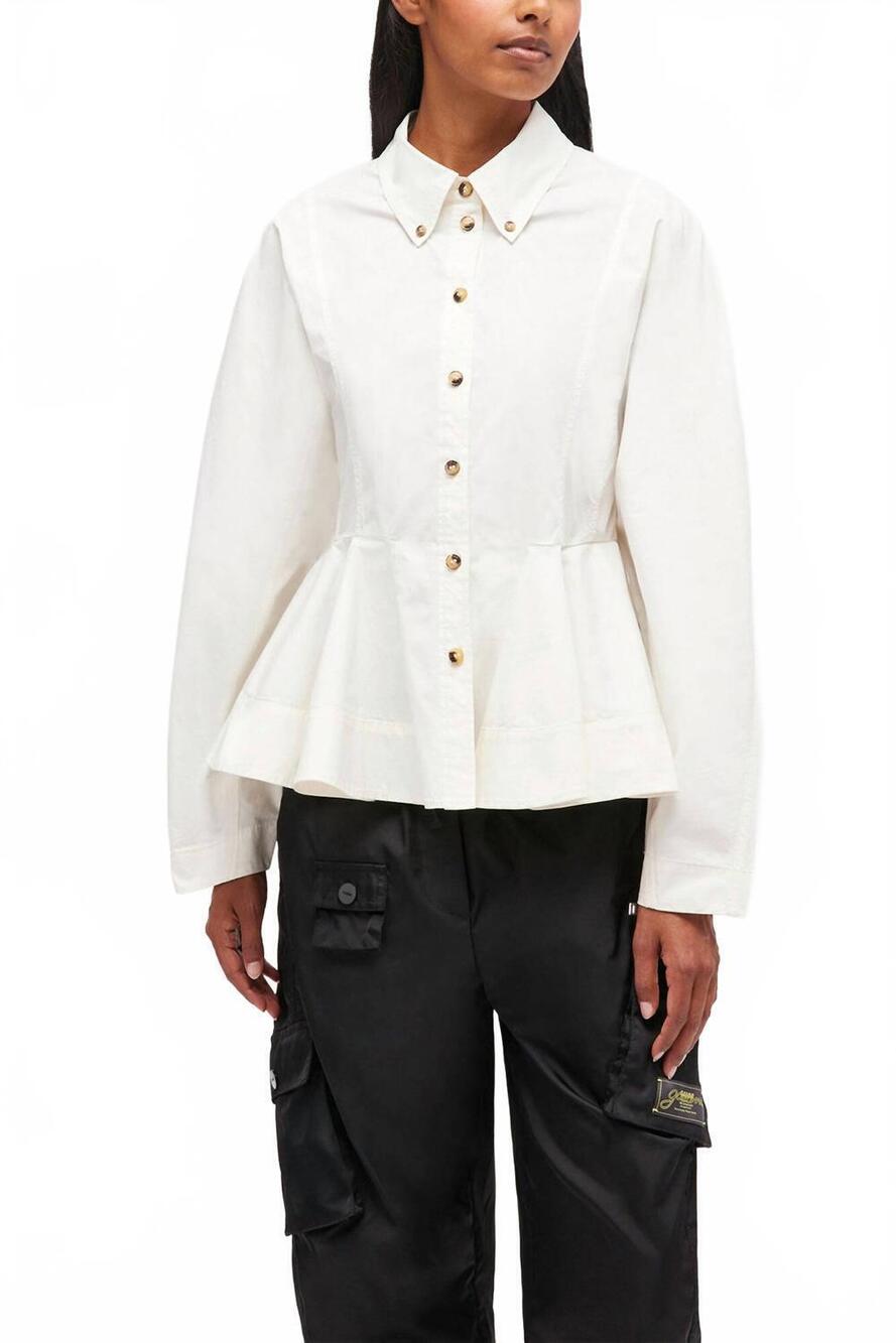 NEW GANNI stretch cotton peplum shirt in egret